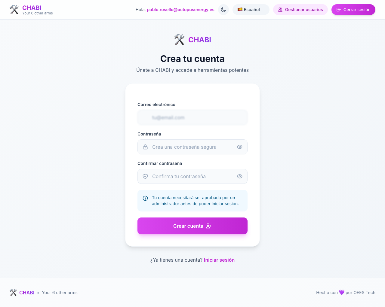 Pantalla de registro e inicio de sesión de CHABI