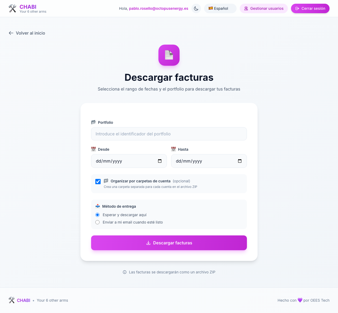 Formulario de descarga de facturas en CHABI