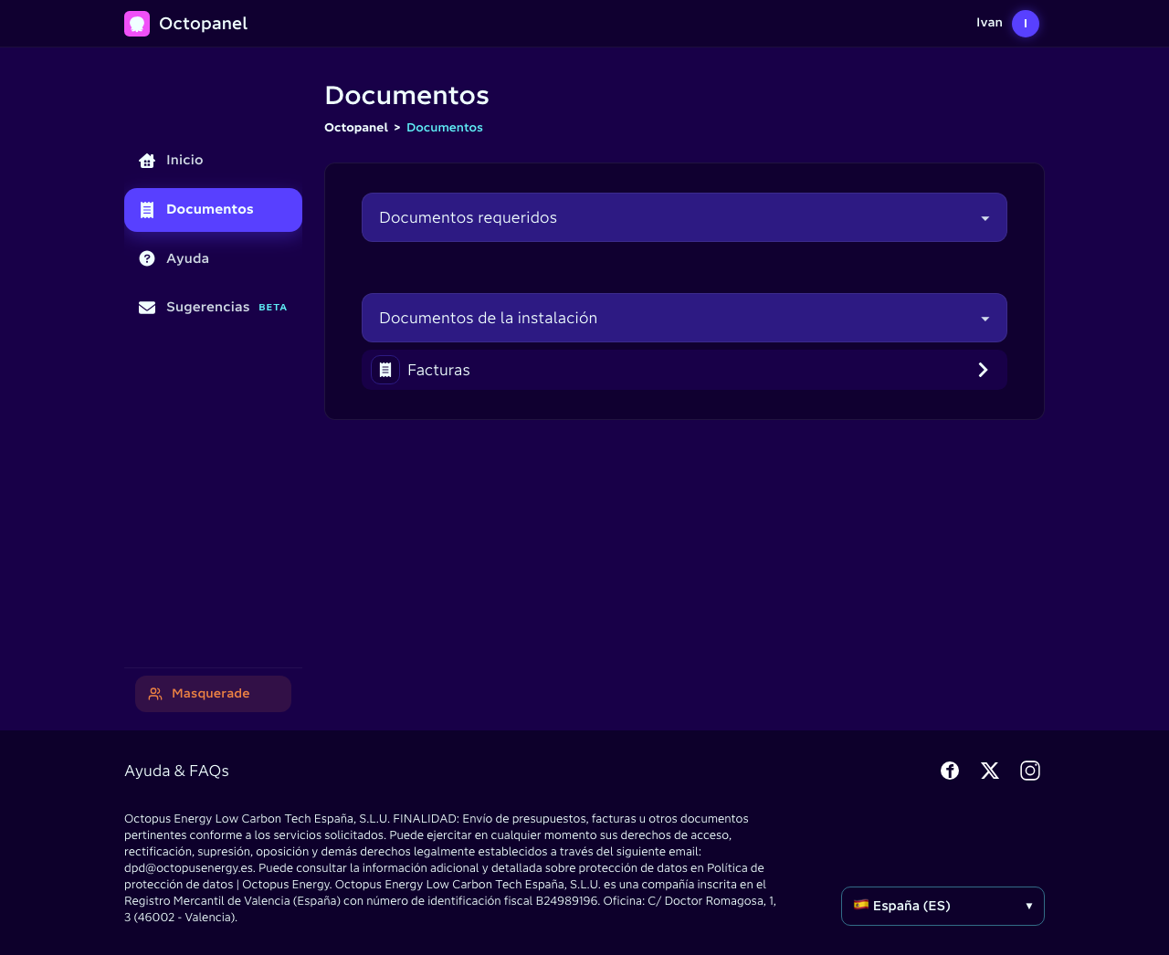 Sección de documentos con subida de archivos