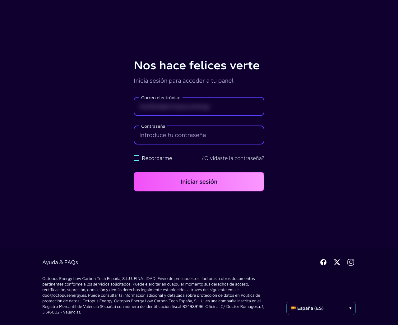Pantalla de inicio de sesión de Octopanel